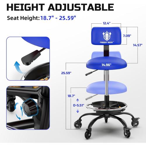 Rolling Shop Stool with Wheels, Garage Mechanic Stool Chair with Backrest, Height Adjustable Heavy Duty Swivel Task Chair, Adjustable Footrest with Storage Tray for Garage Kitchen Salon Tattoo (Blue)
