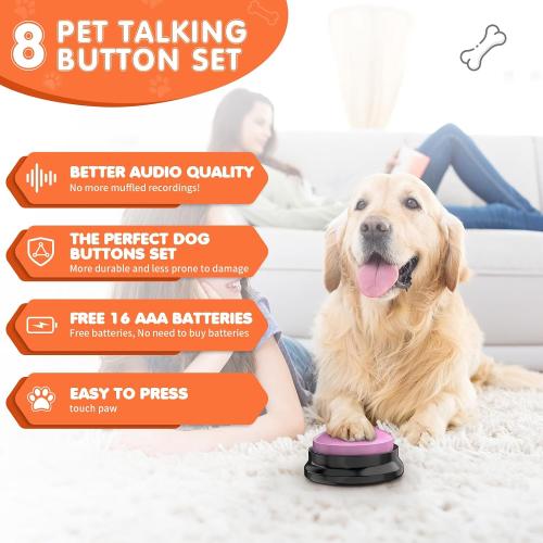 8 Pack Dog Buttons for Communication,Talking Buttons for Dogs,8 Recordable Sound Buttons   24 Scene Patterns   1 Dog Button Mat  16 AAA Batteries，30 Seconds Dog Buttons for Pet Sound Training Toy