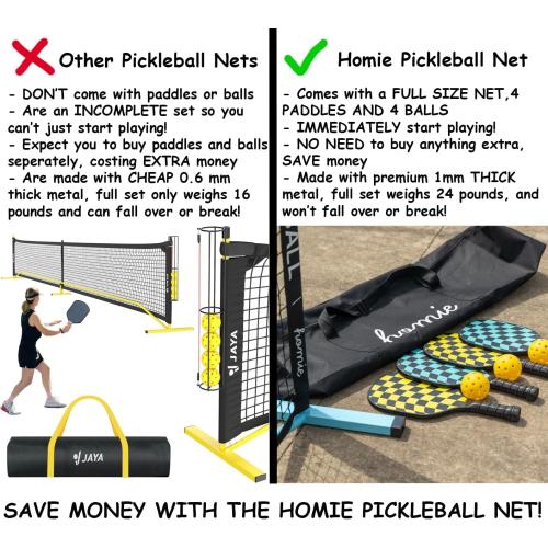 Homie Portable Pickleball Net Set with 4 Paddles, 4 Balls, Backpack Carrying Bag, 22 FT Regulation Size, Easy Setup for Outdoor Indoor, Weather Resistant Metal Frame