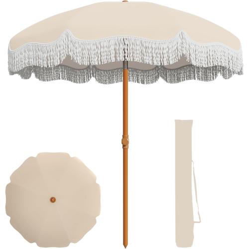 AreShark 7ft Patio Umbrella with Fringe, UPF50  Beach Umbrella for Table, Pool & Garden, Portable Outdoor Tassels Umbrella w/Fiberglass Ribs&Push Bottom Tilt(Ivory)