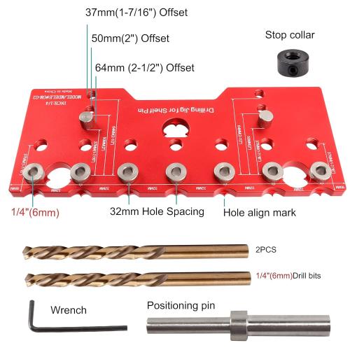 Shelf Pin Jig, 6mm Cabinet Adjustable Drill Guide, 1/4 Inch Aluminum Shelf Pin Drilling Jig Drilling for Straight Hole Shelf Pin Drilling Template Woodworking Tools, Red