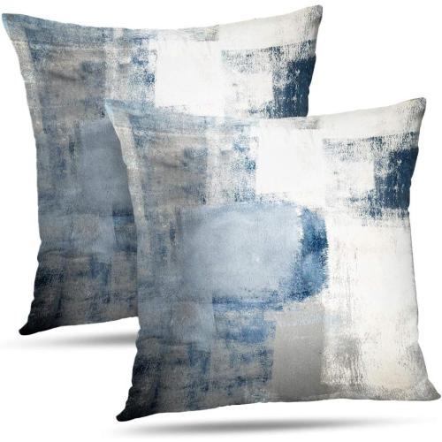 Set of 2 Blue and Grey Art Artwork Contemporary Decorative Gray Home Decorative Throw Pillows Covers Cushion Cover for Bedroom Sofa Living Room 18X18 Inches