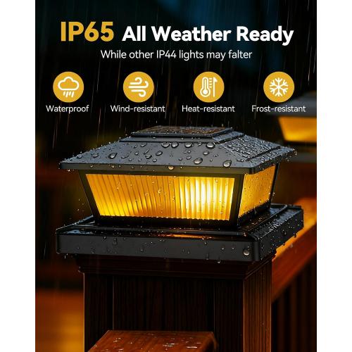 KEILAIMO Solar Post Cap Lights Outdoor 12 Pack Fence Post Solar Lights with Flickering Flame & Warm Modes for Deck/Garden/Patio, IP65 Waterproof - Black