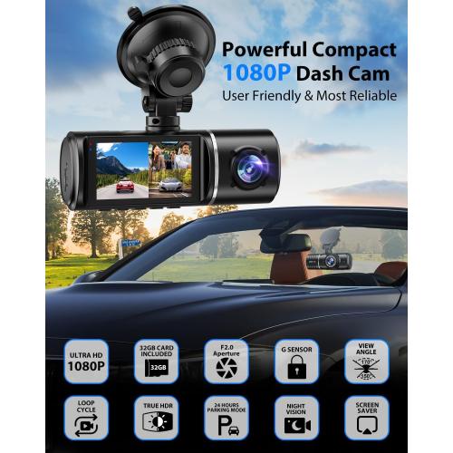Dash Cam Front and Rear, 1080P Dash Camera for Cars, 3 Channel Car Camera Front Rear and Inside with 32GB Card, Loop Recording, Night Vision, HDR, 24Hr Parking, G-Sensor