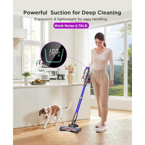 Cordless Stick Vacuum Cleaner for Home: Power Suction Vacuum Tangle-Free Lightweight Design & 2600mAh Detachable Battery Up to 50mins Runtime for Pet Hair Carpet Hardwood Floor