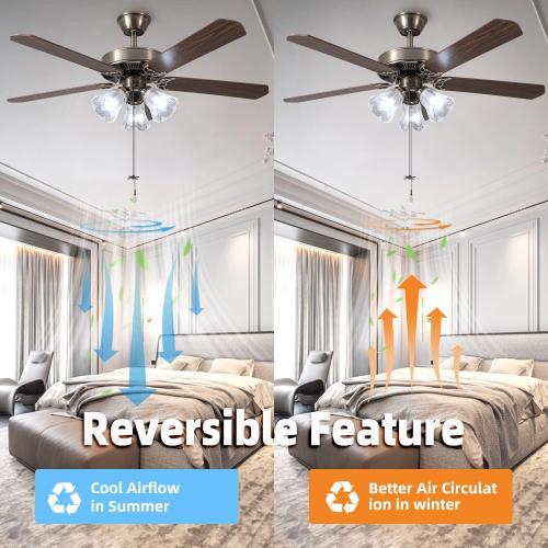 52 Inch Indoor Ceiling Fan with Pull-Chain and Three LED Light Bulbs Base, Traditional 3-Speeds Reversible Blades Ceiling Fan (Antique)