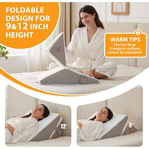 Ruqmuis Wedge Pillow Set for After Surgery, Adjustable 9&12 Inch Bed Wedge Pillow for Sleeping, Incline Pillow Wedge for Headboard, Post Surgery, Acid Reflux, Neck&Back Support, White/Grey