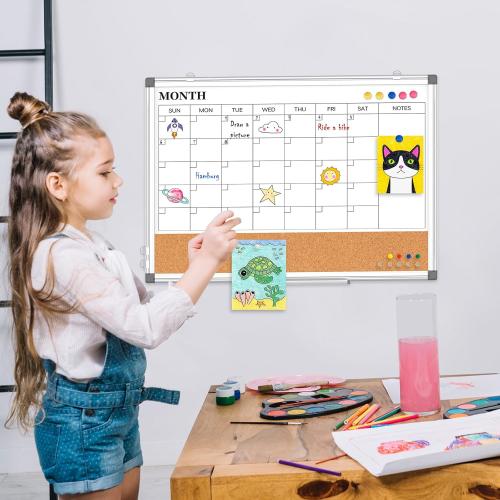 Monthly Calendar Whiteboard Dry Erase Cork Board Combo for Wall, 24 x 18 Double-Sided Calendar White Board and Bulletin Board, Portable Board for Office, Kitchen, School, Home