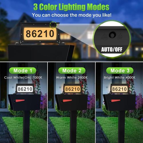 Solar Address Sign, 3 Colors-in-1 Waterproof Mailbox Number Plaque for Outside, Double-Sided Light-Emitting Mailbox Topper, House Numbers for Outside (No-drilling Option Available)