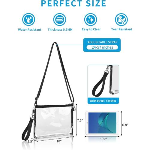 Bagenius Clear Purse Stadium Approved, Crossbody Bag with Detachable Straps | 0.5mm Thickened PVC, 7.5x10x1.5 Inches Stadium Approved, Transparent bag for Concert, Festival, Game Day, Sports, Black