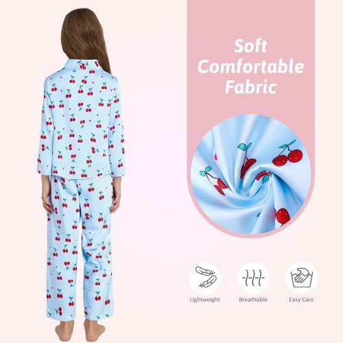 Girls Silk Satin Pyjamas Set Short Sleeve Button-Down Kids PJs Breathable Soft Nightwear Children Sleepwear Age 5-14