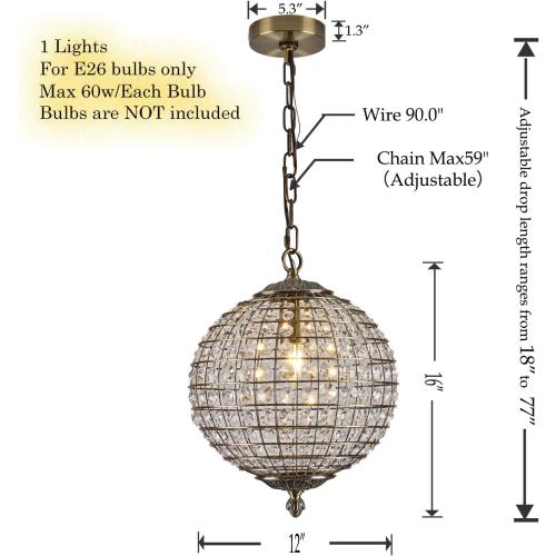 Macarena Gold Vintage Crystal Globe Chandelier 12 Round Antique Bronze Retro Pendant Hanging Light Fixture for Dining Room Kitchen Island Bedroom Hallway Entryway Foyer Bathroom Closet