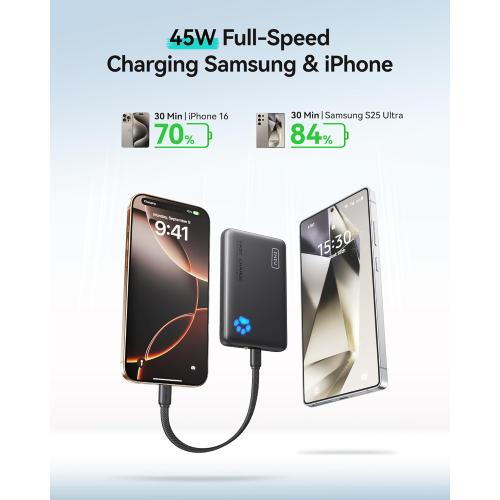 Black INIU Portable Charger, Ultra Slim 10000mAh 45W PD Power Bank, USB C in&Out Fast Charging Battery Pack, Travel Essential Phone Powerbank Compatible with iPhone 17 16 15 Samsung S22 S21 Google iPad etc
