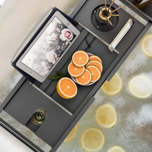 Black Bath Caddy Tray for Bathtub - Bamboo Adjustable Organizer Tray for Bathroom with Free Soap Dish Suitable for Luxury Spa or Reading(Black)