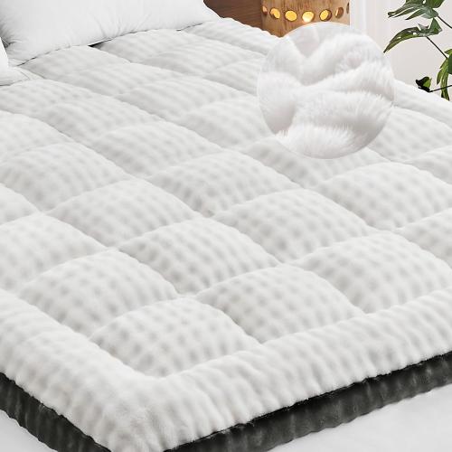 Cymula Queen Mattress Topper Fleece Bubble Pillow Top Mattress Pad Cover for Back Pain Faux Fur Extra Thick Mattress Protector Soft with Fluffy Down Alternative, 8-21 Deep Pocket, White