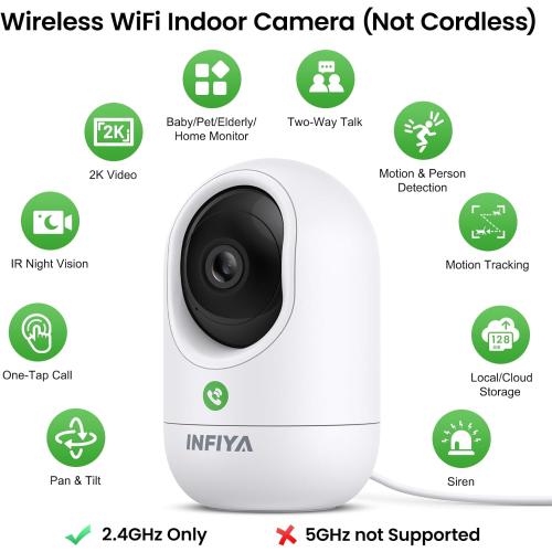 2K Baby Camera-WiFi Home Security Cameras Indoor via One-Tap Call with Elderly/Baby/Nanny, Motion Alert, Local/Optional Cloud Storage, Compatible with Alexa/Google Home, K7 1Pack (2.4GHz Only)
