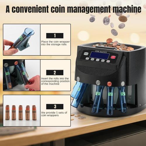 USD Coin Counter 270 Coins/Min Includes 5 Coin Bins, 5 Tubes & 5 Wrappers | 300-Coin Capacity Automatic Change Counter with LCD Display for 1¢ 5¢ 10¢ 25¢ $1, Precise Counting for Retail/Banks/Home
