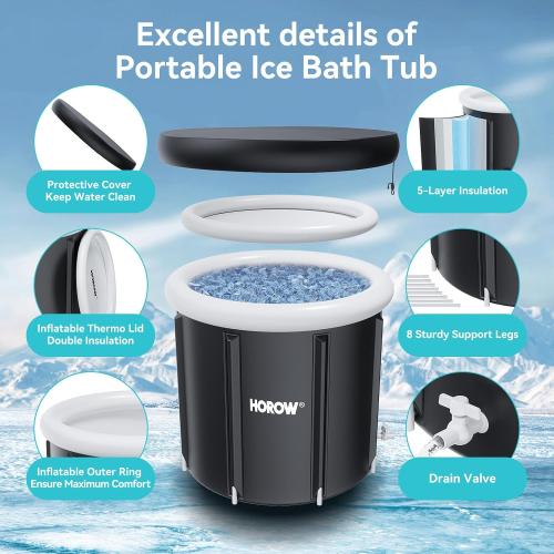 Size 33.5L x 35.5W x 29.5H Color Black HOROW Ice Bath Tub for Athletes, Multiple Layered Portable Ice Bath Plunge for Cold Water Therapy and Recovery, Inflatable Ice Pod Barrel with Cover, Foldable Ice Plunge Tub for Home, Gym, Outdoor Use
