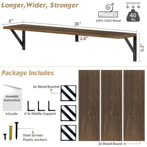 Forbena Floating Book Shelves for Wall Set of 3, 36 Inches Long Wall Bookshelf for Bedroom, Large Wood Heavy Duty Hanging Bookshelves for Books, Living Room Decor, Closet Storage (Rustic Brown)