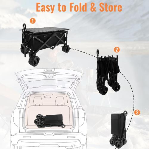 Collapsible Foldable Wagon Cart with Big Wheels and Tabletop, Large Capacity 440Lbs Folding Utility Wagon Carts for Sand, Beach, Camping, Shopping, Sport (Gray)