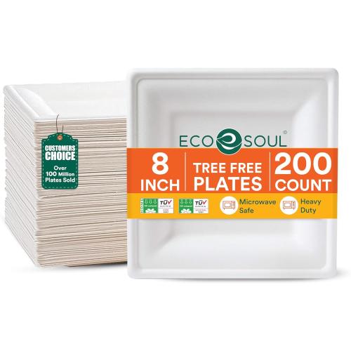 ECO SOUL Compostable Paper Plates 10 Inch, 200 Pack – Heavy Duty Disposable Paper Plates, Biodegradable Sugarcane Bagasse, Durable & Microwave Safe, Square Dinner Plates for Party, Picnic – White