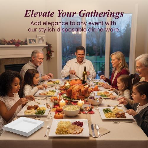Aya's 100ct Square Plastic Disposable Plates, White - 9.5-Inch 50 Dinner and 6.5-Inch 50 Salad Plates for Party - Heavy-Duty Hard Plastic Design for Wedding, Event, Christmas, and Thanksgiving
