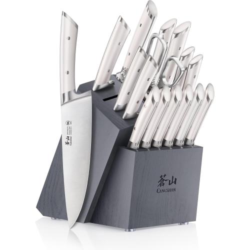 Cangshan OLYMPUS Series 17-Piece Knife Block Set, German Steel, Gray Wood Block (White)