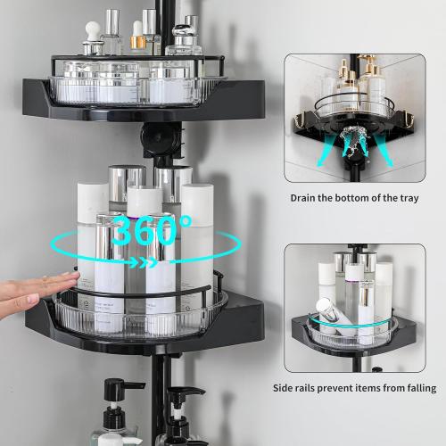 360° Rotating Shower Caddy Tension Pole, 4 Tiers Corner Shower Organizer for Bathroom Shelf Bathtub, Adjustable Standing Shower Rack Bathroom Accessories, Easily Assemble, 34-124 Inch Height, Black