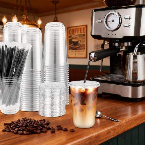 50PCS 16 oz Round Bottom Plastic Cups with Lids and Black Straws, Clear To Go Iced Coffee Smoothie Juice Cups, Disposable Cold Drink Bubble Tea Party Cups for Catering, Christmas, Birthdays, Takeout