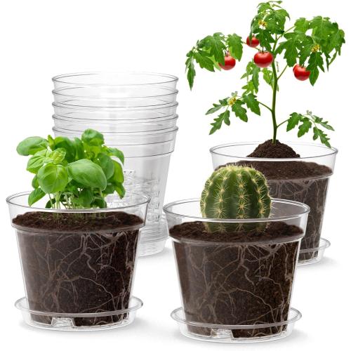 WSMKSZ 4 Inch Clear Nursery Pots, 8 Pack Highly Transparent Plant Pots for Small Indoor Plants with Drainage Holes and Trays, Plastic Seedling Starter Planters for Flowers