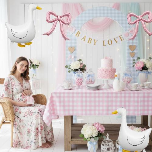 4PCS One Silly Goose Balloons and Pink Bows – White Goose Pinl Bow Foil Balloons for One Silly Goose Birthday Decorations, Coquette Bow Baby Girl Party Decor, Gingham Farm Baby Shower Supplies
