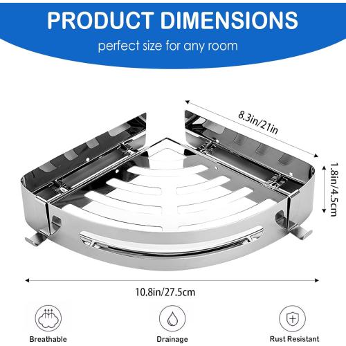Wall-Mounted Corner Shelf, Single Pack, Bathroom Tray Organizer with 2 Hooks, Ideal for Bedroom, Living Room, Bathroom, and Kitchen (Silver)