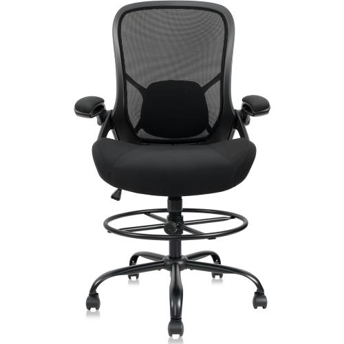 400lbs Heavy Duty Drafting Chair 5 Thickened Seat Office Chair with Flip-Up Armrests Tall Ergonomic Computer Chair with Lumbar Support and Adjustable Footrest Ring Standing Desk Chair (Black)