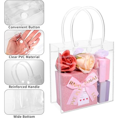WDSHCR 80 PCS Clear Plastic Gift Bags with Handles, Party Favor Bags with Ribbons, Reusable Goodie Tote Bags for Wedding, Baby Shower, Birthday (Clear 5.1 x 7.5 x 3.1, 80 Pack)