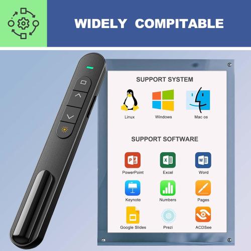 QUI Presentation Clicker for PowerPoint, RF 2.4GHz USB Wireless Presenter Remote with Volume Control, PowerPoint Clicker Slide Advancer for Mac, Windows, Laptop, Keynote