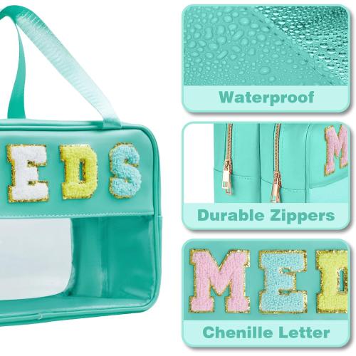 Medicine Bag Chenille Letter Nylon Medicine Bags for Traveling Meds Bag Preppy Patch Makeup Pouch Cosmetic Toiletry Storage Bags for Women (Green-MEDS)