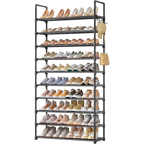 Kitsure 10 Tier Shoe Rack, Tall Shoe Organizer, 32.2 Wide, Black | Large-Capacity Shoe Storage with Hooks, Shoe Shelf for Closet, Entryway, Bedroom, Living Room, Zapateras Organizer