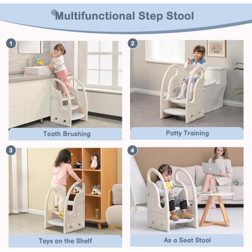 Size 3 step Color Grey Toddler 3 Step Stool Onasti Kids Standing Tower for Toddlers Plastic Learning Helper Stool for Kitchen Counter Bathroom Sink Toilet Potty Training with Handles and Non-Slip Pads-Grey White