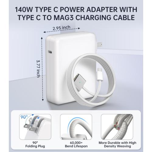 140W Charger for MacBook Pro 16/14 inch Mac Air 15/13 inch 【Original Quality】 2021-2025 M1–M4 2m/6.6FT Magnetic 3 Cable LED & Type C Fast Charger Power Adapter (Between 2021-2025)