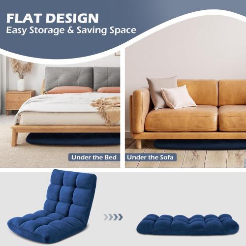 Avocahom Folding Floor Gaming Chair 14-Poistion Cushioned Adjustable Floor Lazy Sofa Chair w/Breathable Cotton & Skin-Friendly Velvet for Adults & Kids Perfect for Reading Gaming Meditating, Darkblue