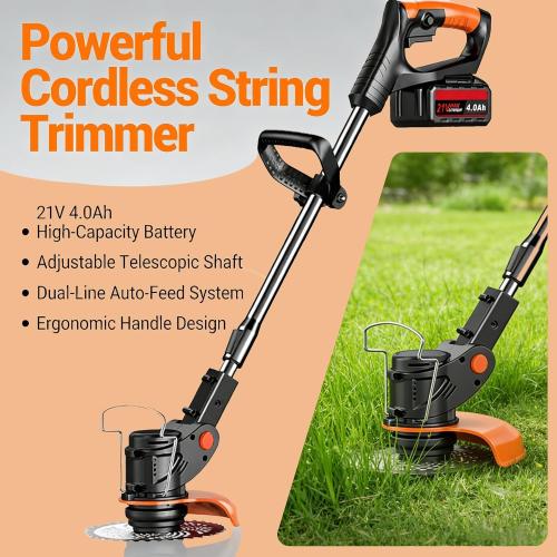21V Cordless Weed Wacker, 2×4.0Ah Battery Powered Weed Trimmer, Electric Weed Eater with 3 Types Blades, Adjustable Cutting Height & Angle, Brush Cutter & Edger Lawn Tool for Garden Yard Care