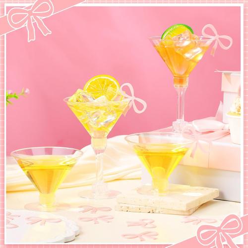 48 Pcs Party Plastic Martini Glasses Disposable with Pink Bow Drink Tag 5 oz Clear Martini Cocktail Glasses Bulk for Fall Halloween Party Wedding Birthday Wine, Desserts, Appetizers