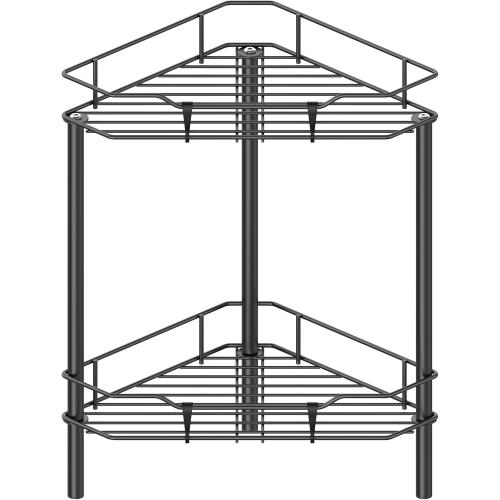 2 Tier Floor Standing Corner Shower Caddy Organizer Shelf with Hooks, Bathroom Shelves Stand Rack, Black