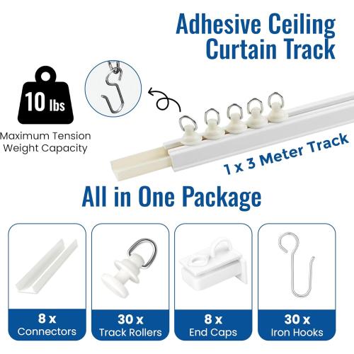 UrbanRed Self Adhesive Curtain Track (3 Meter, 9.8 ft) for Smooth Ceiling or Wall - No Drill, Screws, Ceiling Curtain Track, Curtains Rod, Ceiling Mount, Adhesive Curtains Rod (Non-Flexible)