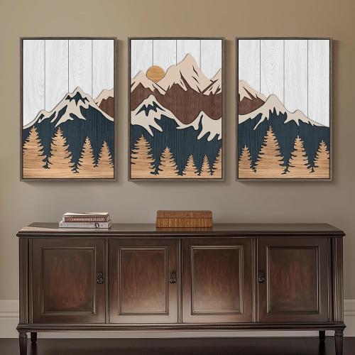 Framed Textured Wood Mountain Wall Art for Living Room, Large 3 Piece 3D Wood Farmhouse Artwork for Walls, Boho Landscape Mountain Forest Sun Wall Art Decor for Bedroom Office Hallway, 24x36 Inch
