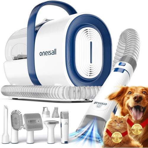 oneisall Dog Grooming Vacuum, Pet Grooming Vacuum with Clipper Nail Grinder, 1.5L Dust Cup Dog deshedding Vacuum Brush with 7 Pet Grooming Tools for Shedding Pet Hair, Home Cleaning(Blue)