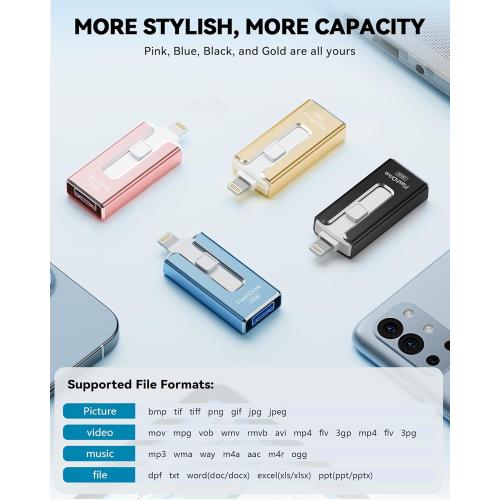 MFi Certified Flash Drive for iPhone iPad 256GB, Photo Stick for External Memory Storage, Easily Back Up and Save Photos Videos, USB Memory Stick Thumb Drive for iPhone/iPad/Android/PC (Sky Blue)