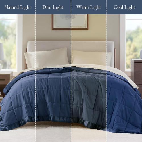 Full/Queen Madison Park Windom Down Alternative Blanket, Premium 3M Scotchgard Moisture Wicking Treatment, Lightweight and Soft Bed Cover For All Season, Satin Trim, Navy
