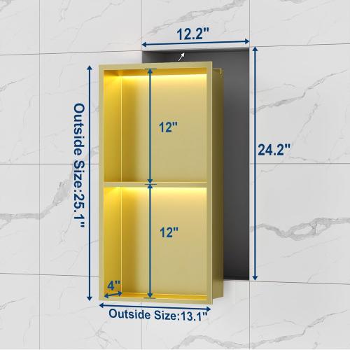 Neohomee 2-Tiers 12x24 Shower Niche with LED Light Strips, Golden Recessed Wall Cabinet, Stainless Steel Wall Niche for Shower Wall, Waterproof NO Tile Needed Storage Organizer (3000K LED Light)