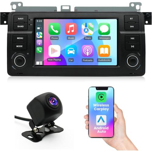 Android 14 Car Stereo Radio for BMW E46 1998-2005 4 64G Radio with Wireless CarPlay/Android Auto, 7 IPS HD Touch Screen Radio with WiFi/GPS/Bluetooth/Mirror Link/FM/USB/SWC/Backup Camera